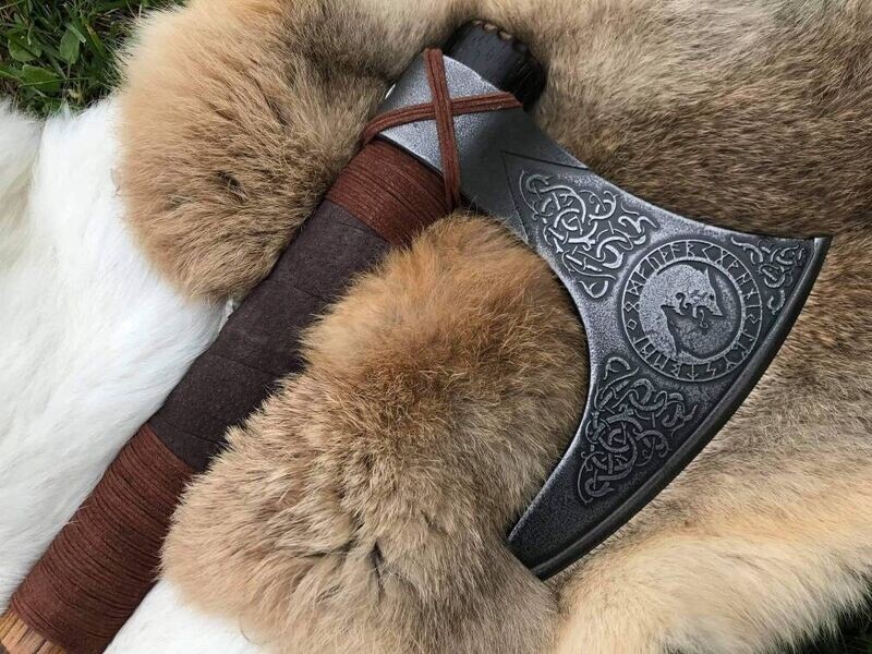 Wolves Skoll and Hati Viking Hand Axe Engraved Modified Cold Steel Axe