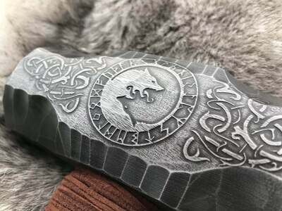 Large Viking Wolf Berserker Hammer Hand Engraved Burned and Carved Othala/Uruz Design