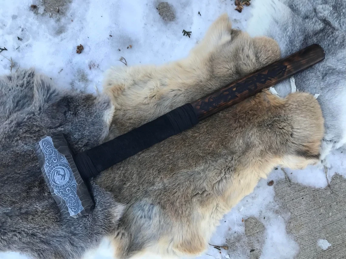 Large Viking Crow Berserker Hammer Hand Engraved Burned and Carved