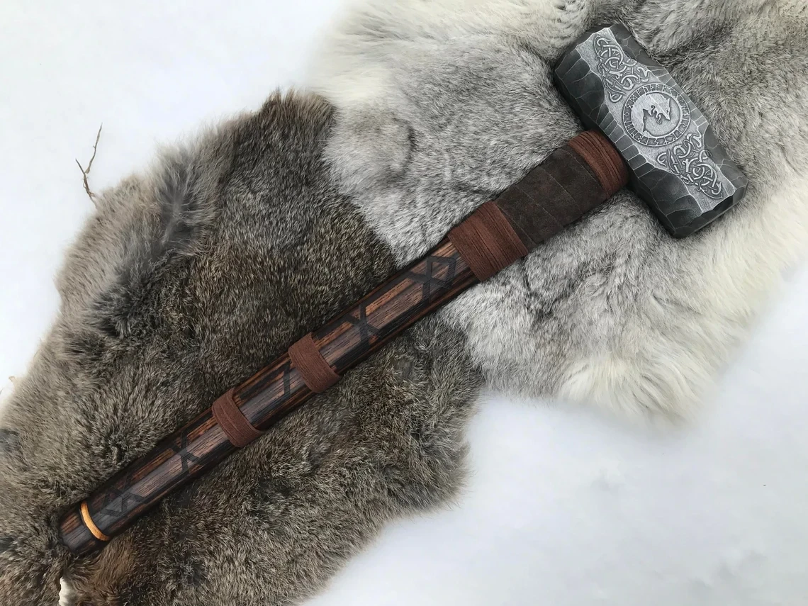 Large Viking Wolf Berserker Hammer Hand Engraved Burned and Carved