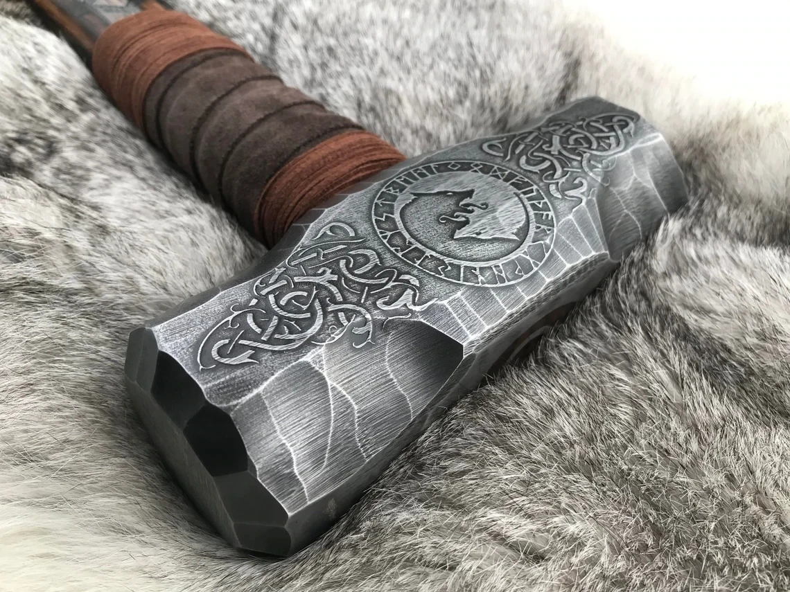 Large Viking Wolf Berserker Hammer Hand Engraved Burned and Carved Othala/Uruz Design