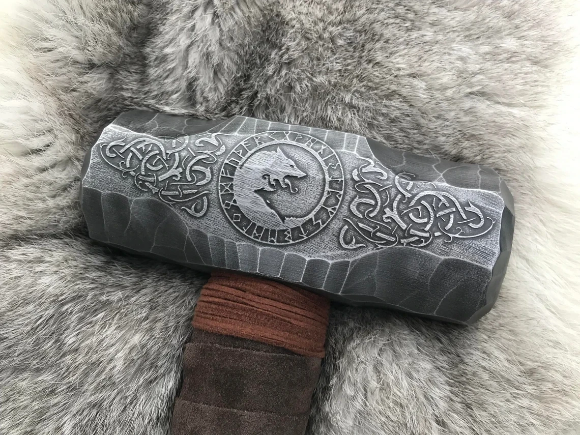 Large Viking Wolf Berserker Hammer Hand Engraved Burned and Carved Othala/Uruz Design