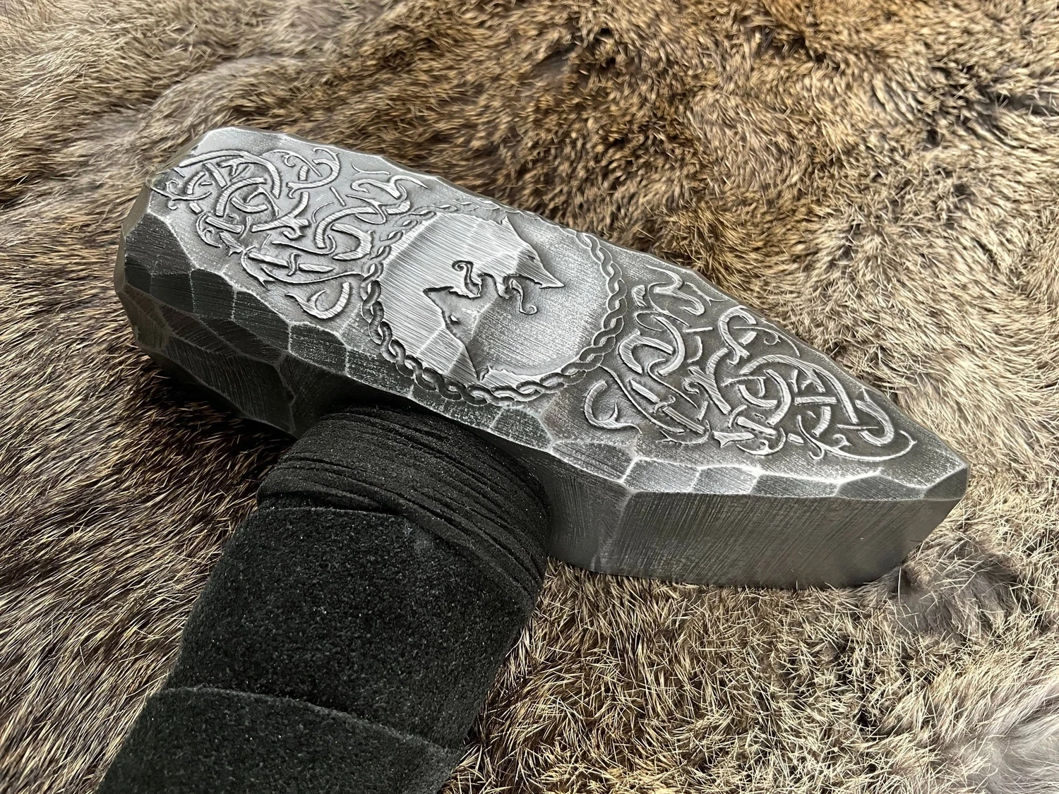 Viking Wolf Mjolnir Hammer- Hand Engraved