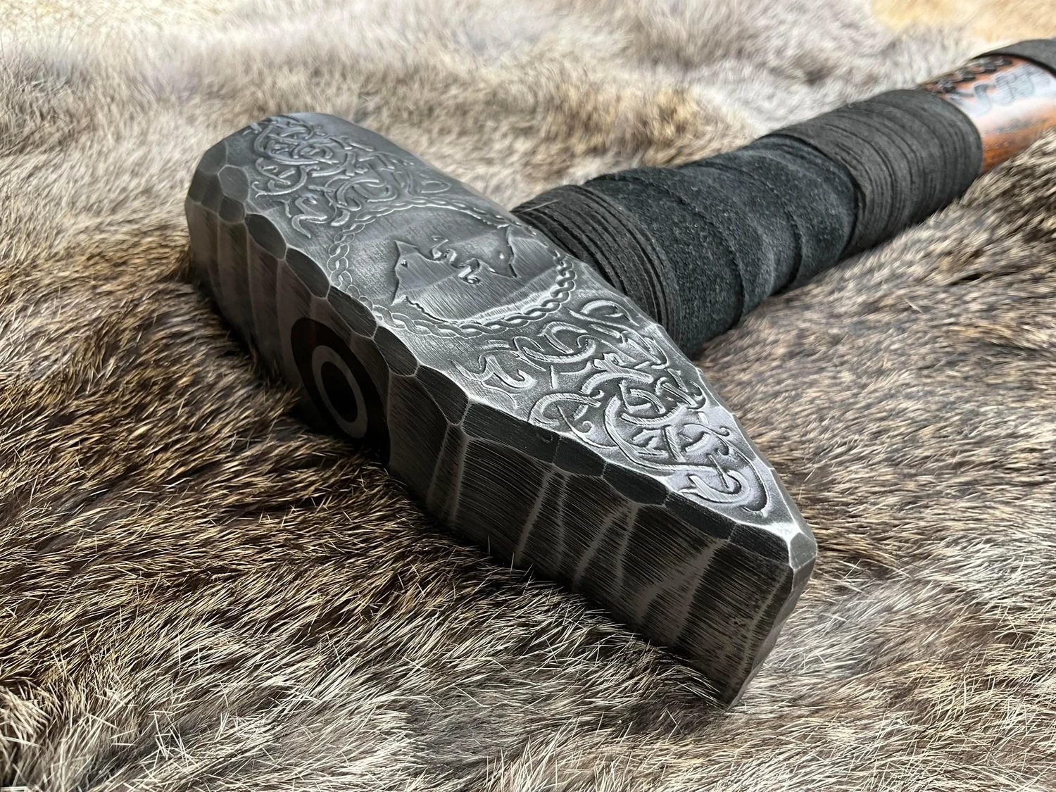 Viking Wolf Mjolnir Hammer- Hand Engraved