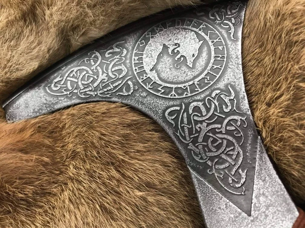 Wolves Skoll and Hati Viking Hand Axe Engraved Modified Cold Steel Axe