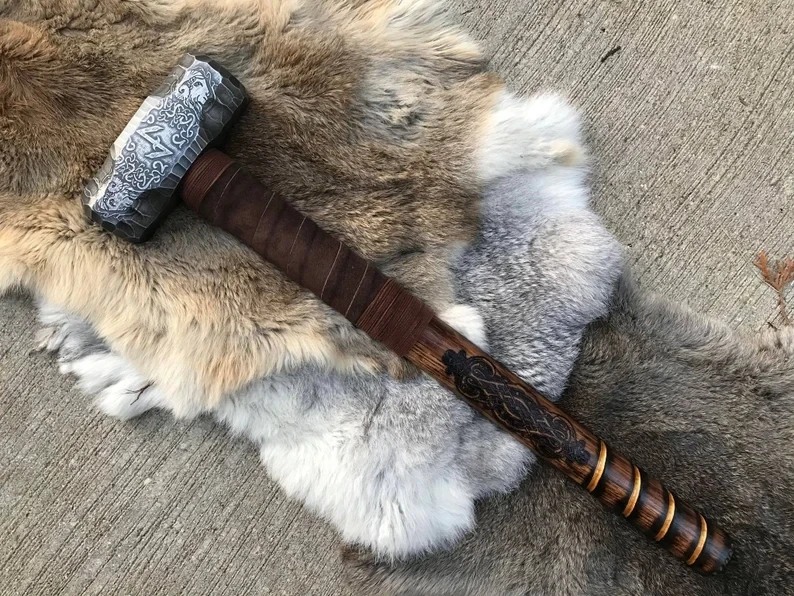 Large Viking Ram Berserker Hammer Hand Engraved Burned and Carved