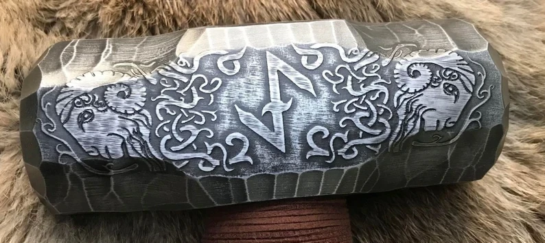 Large Viking Ram Berserker Hammer Hand Engraved Burned and Carved