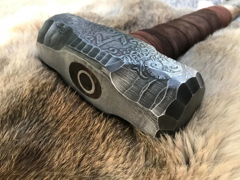 Large Viking Ram Berserker Hammer Hand Engraved Burned and Carved