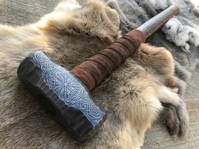 Large Viking Vegvisir Berserker Hammer Hand Engraved Burned and Carved
