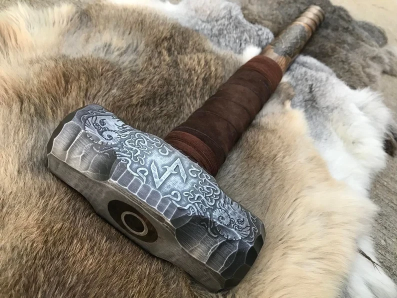Large Viking Ram Berserker Hammer Hand Engraved Burned and Carved