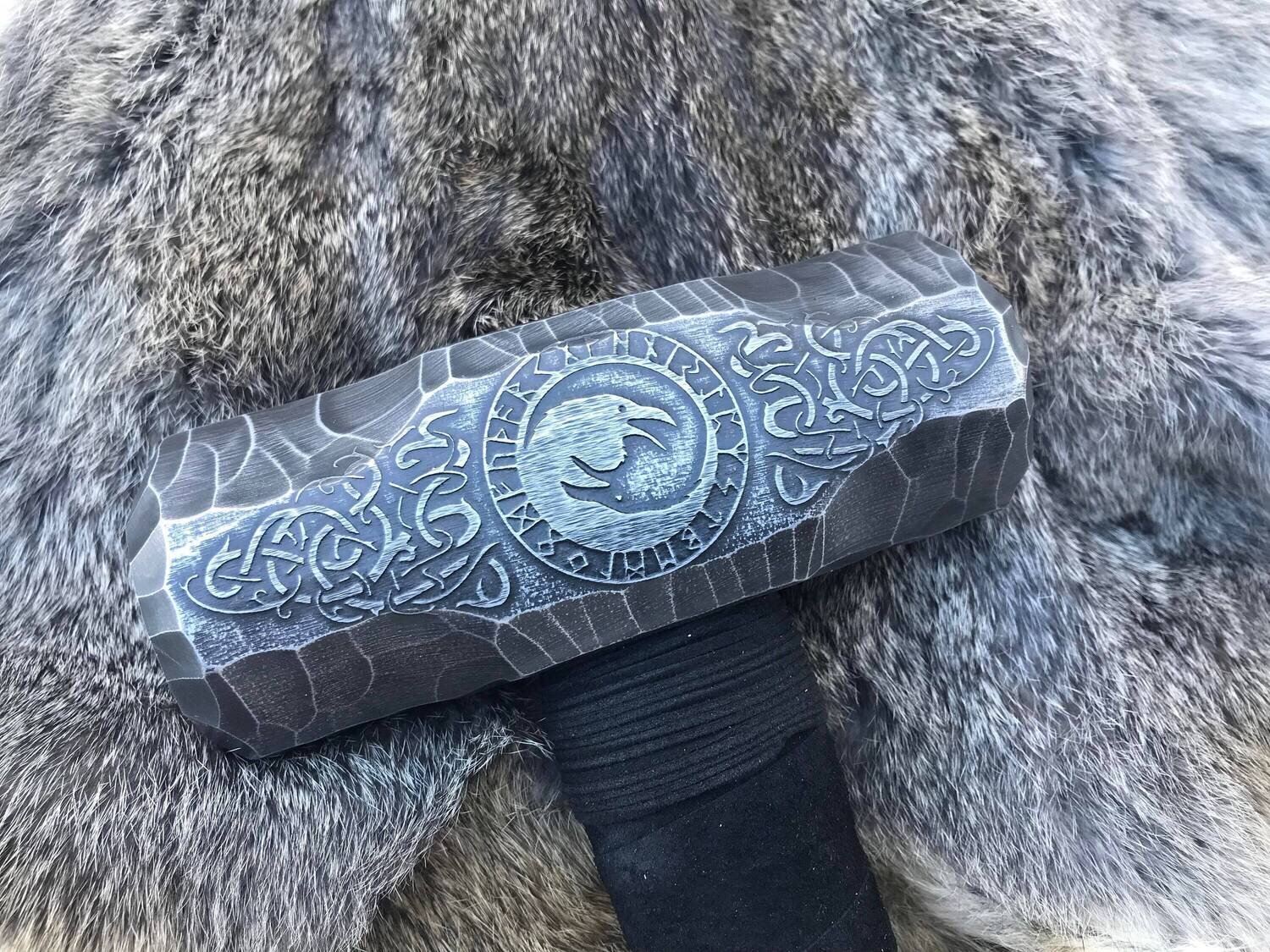 Large Viking Crow Berserker Hammer Hand Engraved Burned and Carved