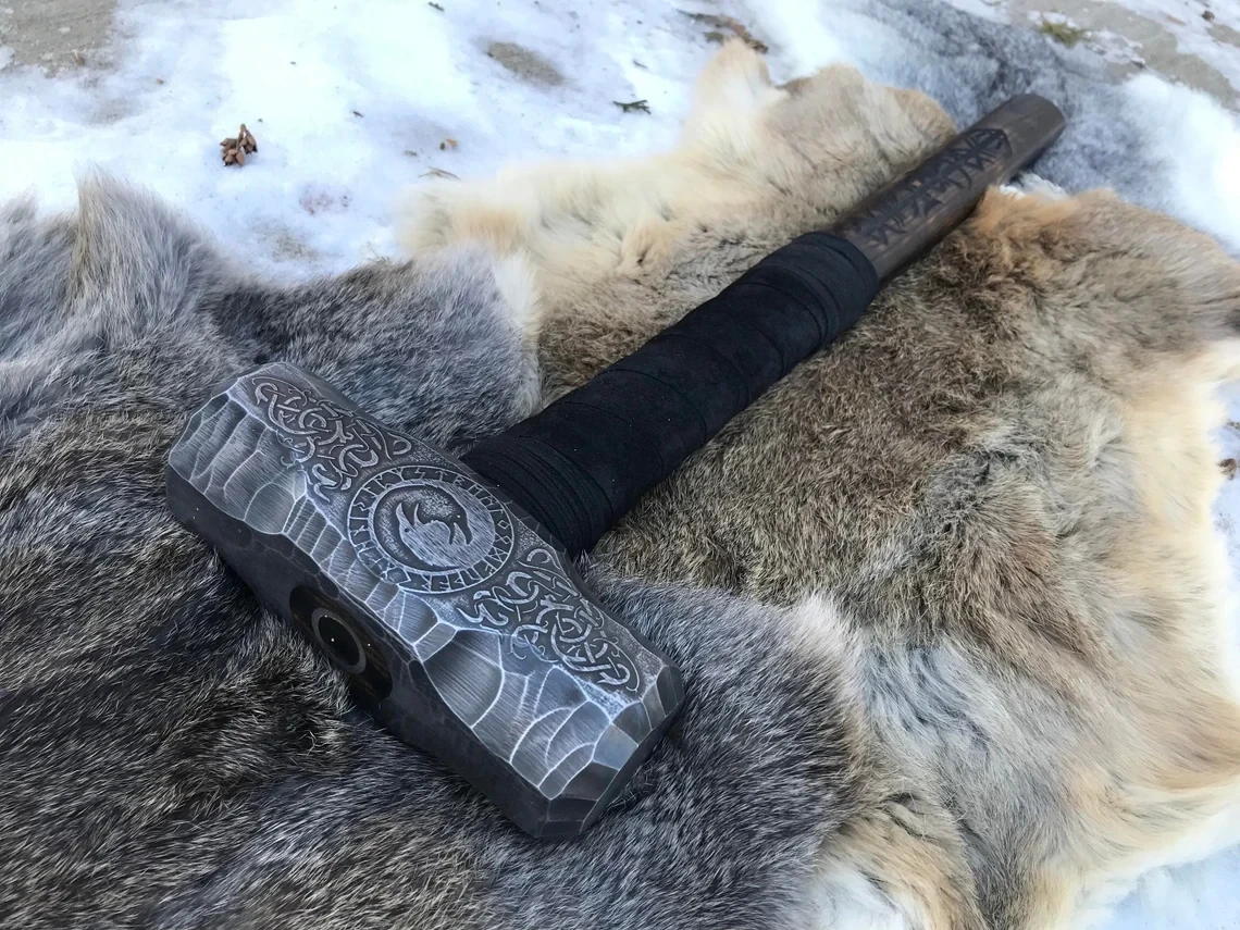 Large Viking Crow Berserker Hammer Hand Engraved Burned and Carved
