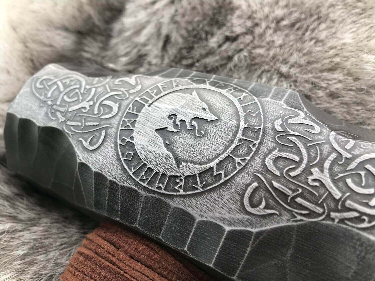 Large Viking Wolf Berserker Hammer Hand Engraved Burned and Carved Othala/Uruz Design