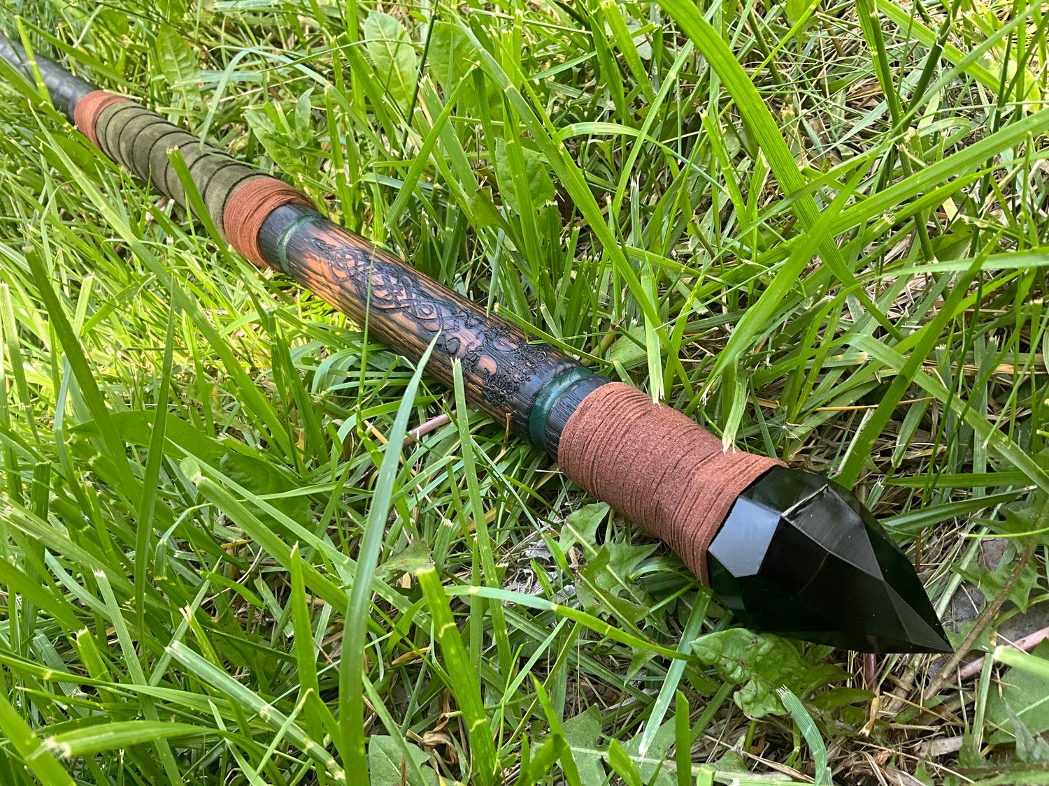 Tree of Life Green Wizard Staff- engraved oak walking stick