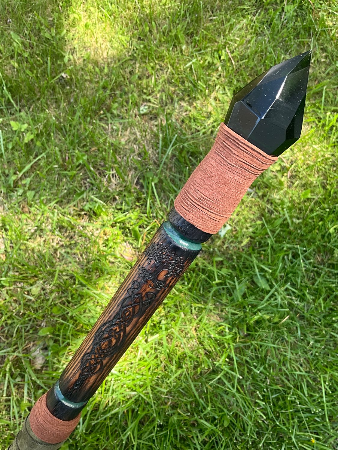 Tree of Life Green Wizard Staff- engraved oak walking stick