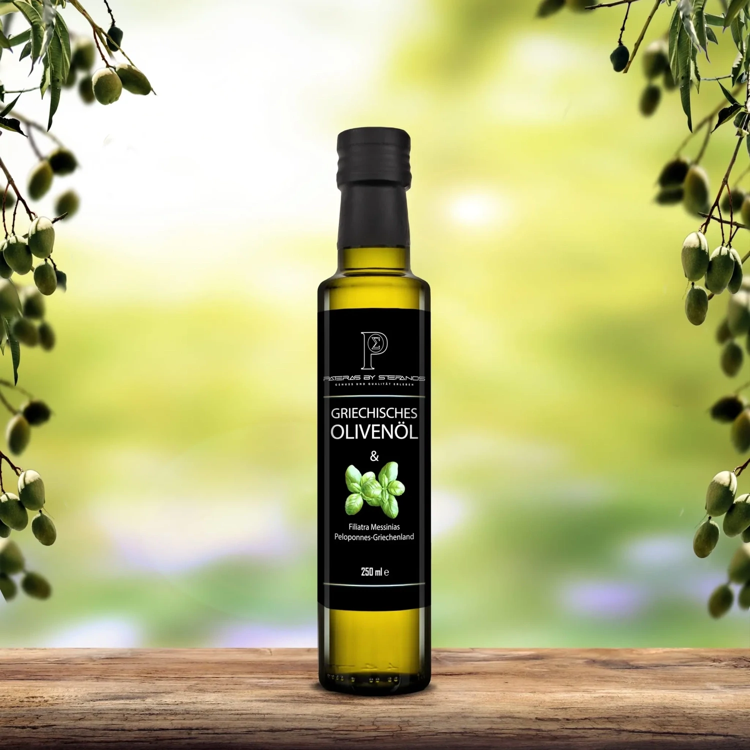 Olivenöl mit Basilikum im Karton mit 3 Flaschen