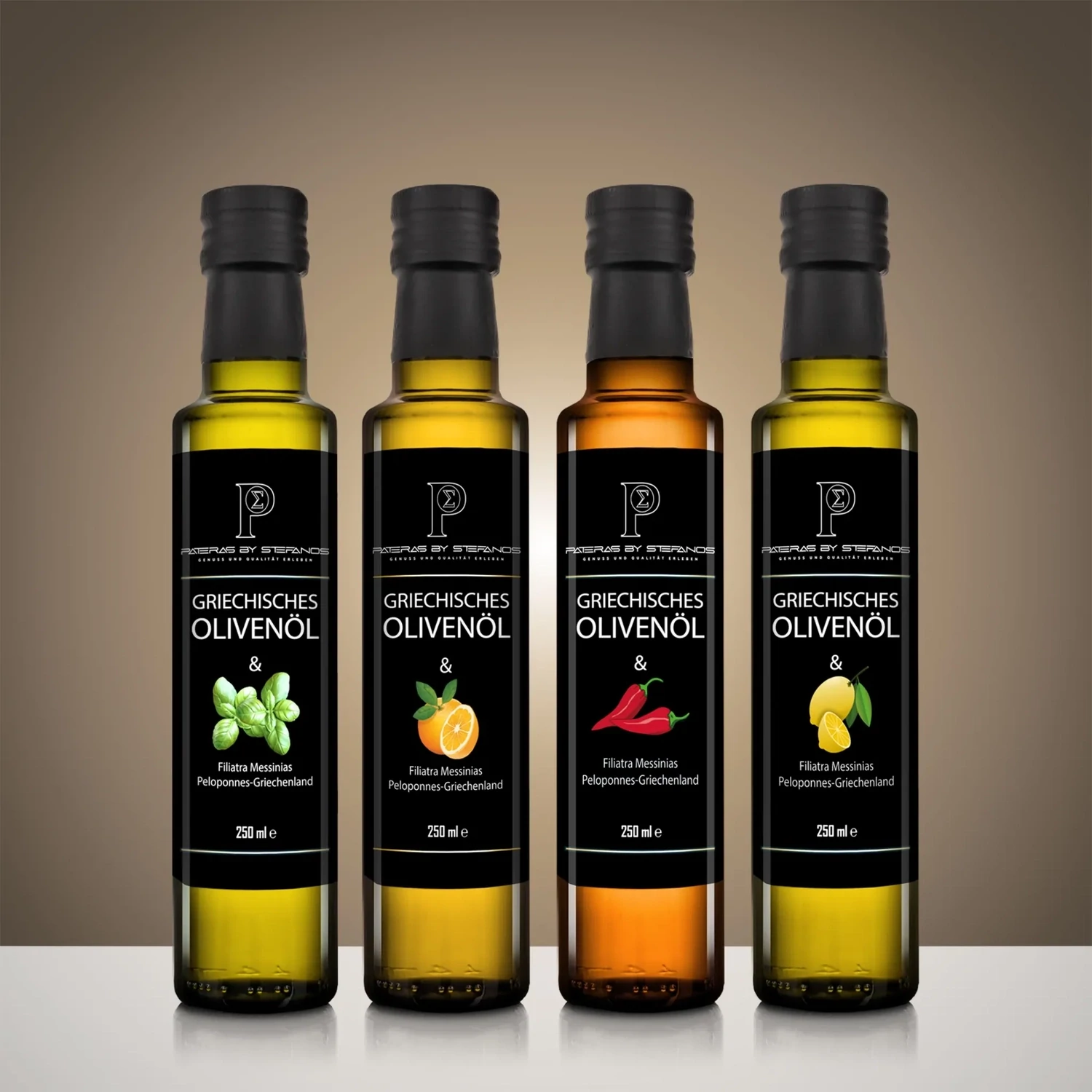 Olivenöl mit Basilikum, Cilly, Zitrone und Orange - 4'er Set