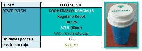 *Liquidación* Frascos azúl 16DR para ROBOT  Caja de 175ea (medicamentos en pastillas)