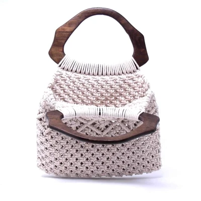 MACRAMÉ BAG WITH ARCHED WOODEN HANDLE, UNLINED INTERIOR