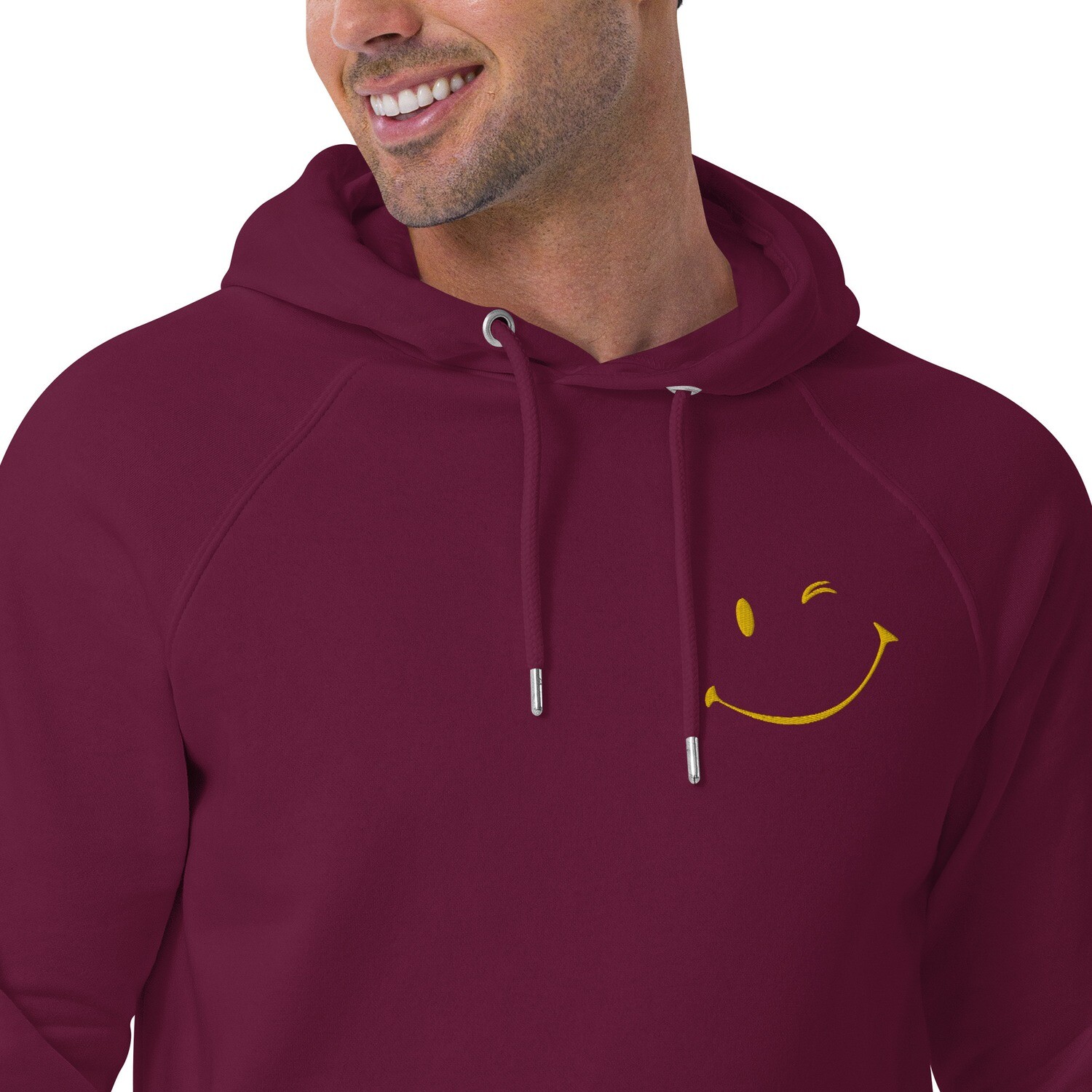 Unisex eco raglan hoodie with smiley face