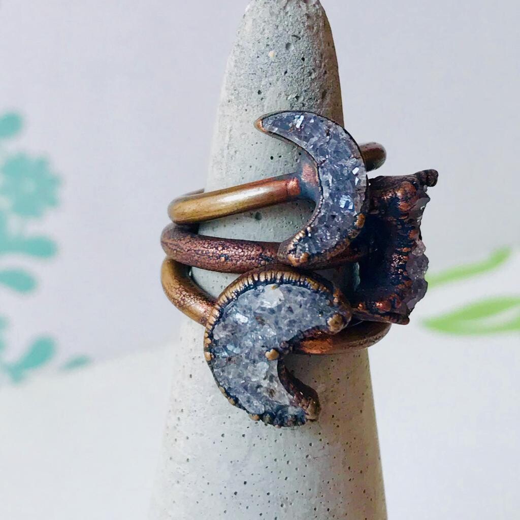 Copper Ring with Crescent Moon-Shaped Druzy