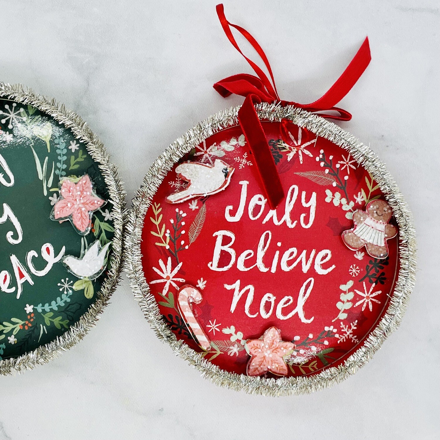 6&quot; R Hand Painted Paper Ornament w/ Holiday Words, Velvet Ribbon &amp; Tinsel, Style: Jolly, Believe, Noel