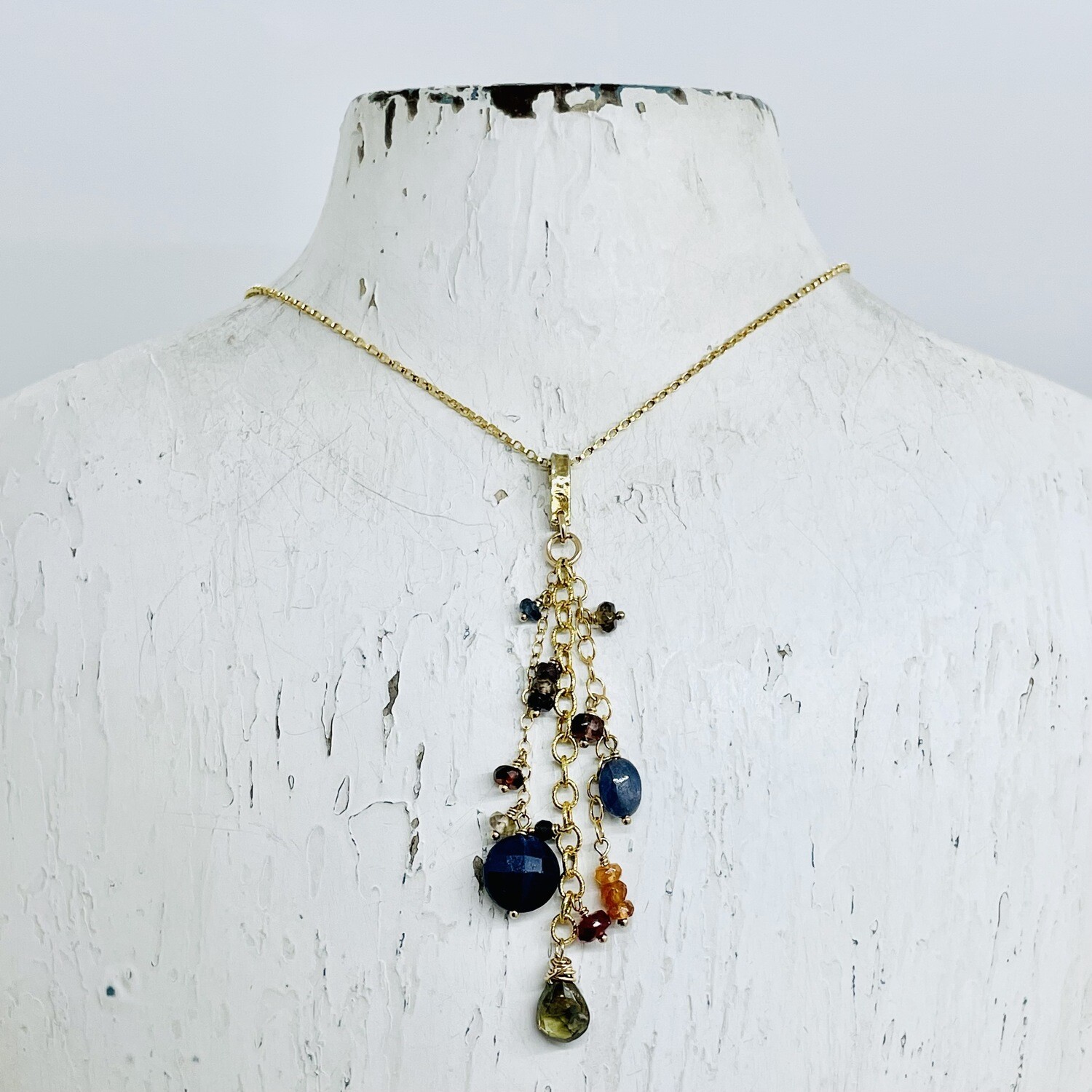 Handmade Necklace with dangle with multi sapphires, 14 k g.f.