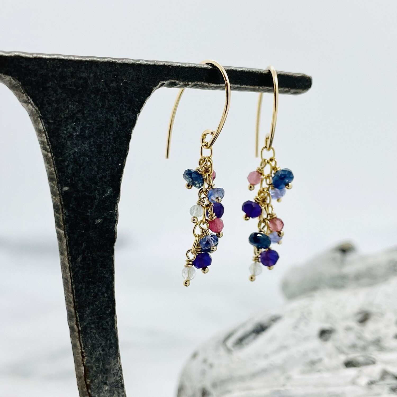Handmade Earrings with 14 k g.f. dangle blue sapphire, tanzanite, amethyst, pink tourmaline, aquamarine