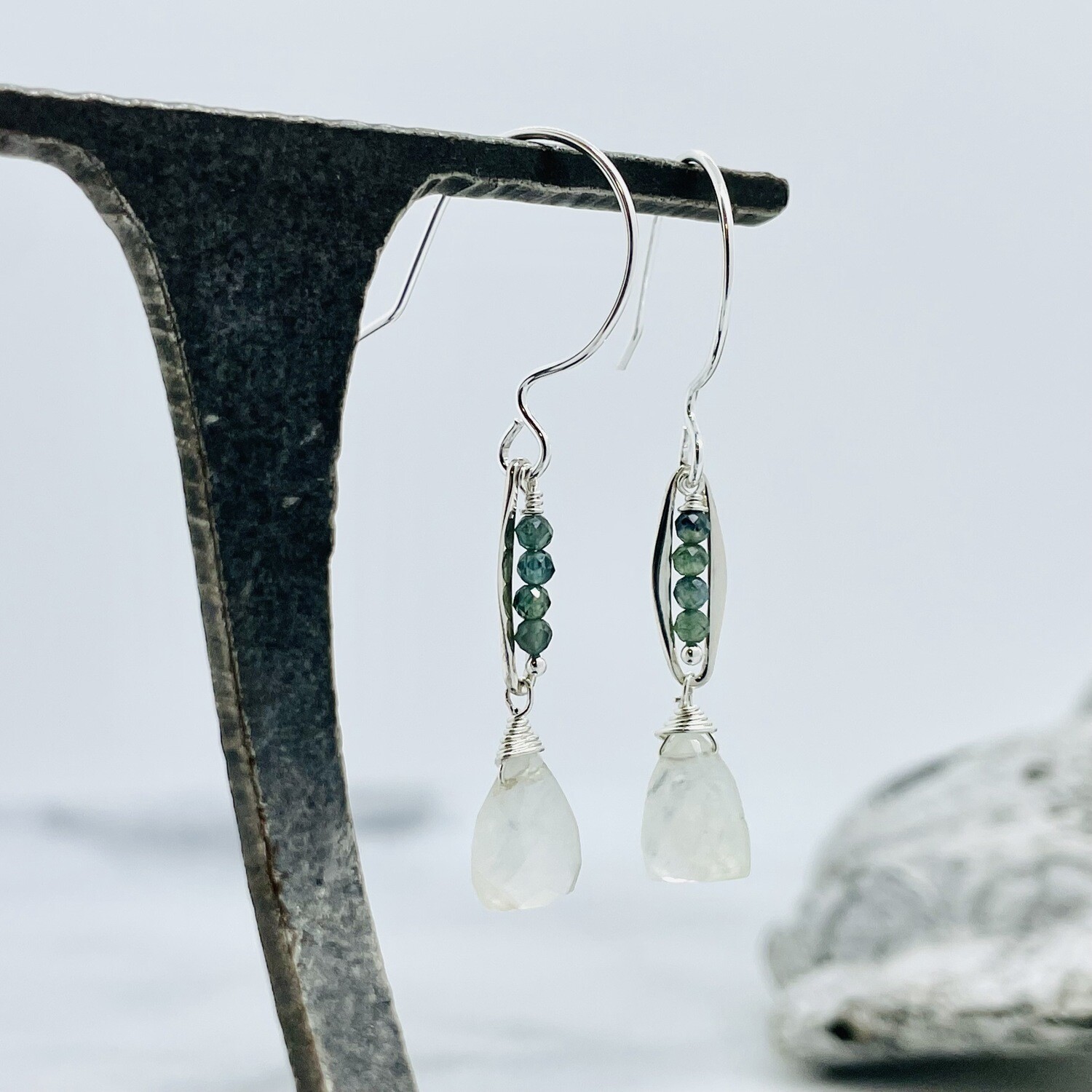 Handmade Earrings with oval link, rainbow moonstone briolette, row green sapphires