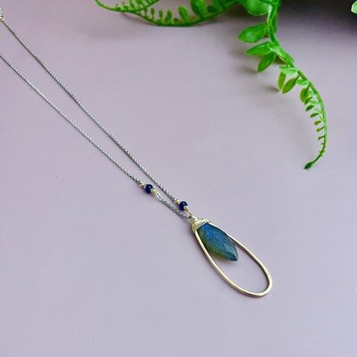 Handmade Faceted labradorite marquise set 14kt gold filled pendant with sapphire. 18&quot;L