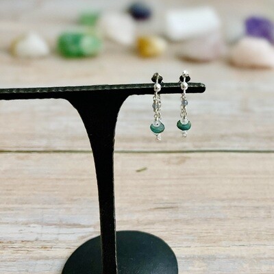 Handmade Silver Earrings with connected post, green sapphire, rainbow moonstone, grandideriete disc