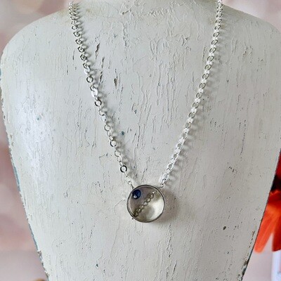 Handmade Necklace with hammered ring, stacked tiny labradorite, single sapphire onion