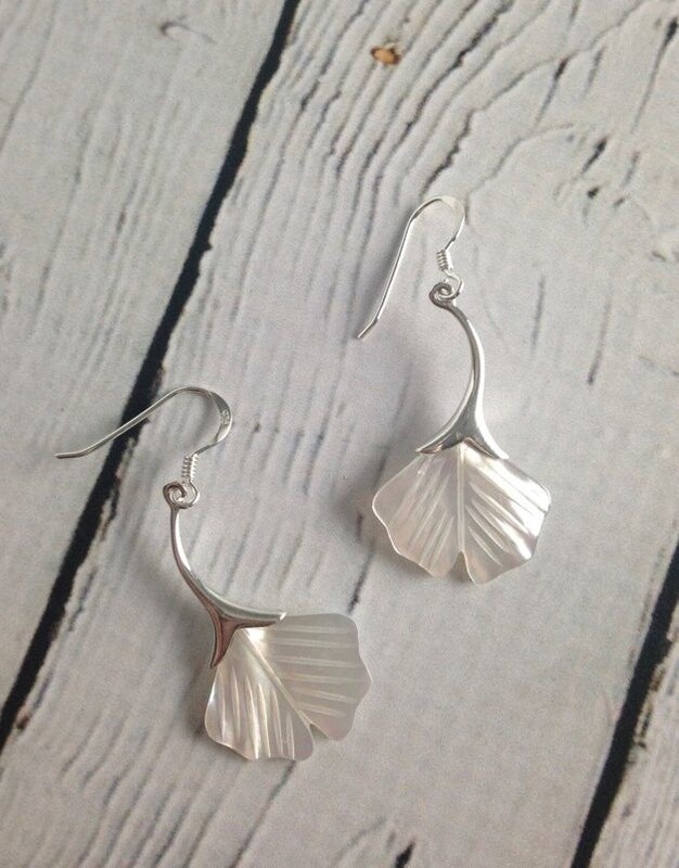 Silver and Mother-of-Pearl Ginkgo Leaf Dangle Earrings