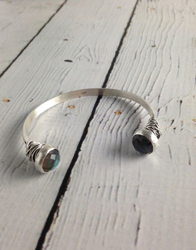Handmade Etched Open Sterling Bangle with Faceted Labradorite End Caps