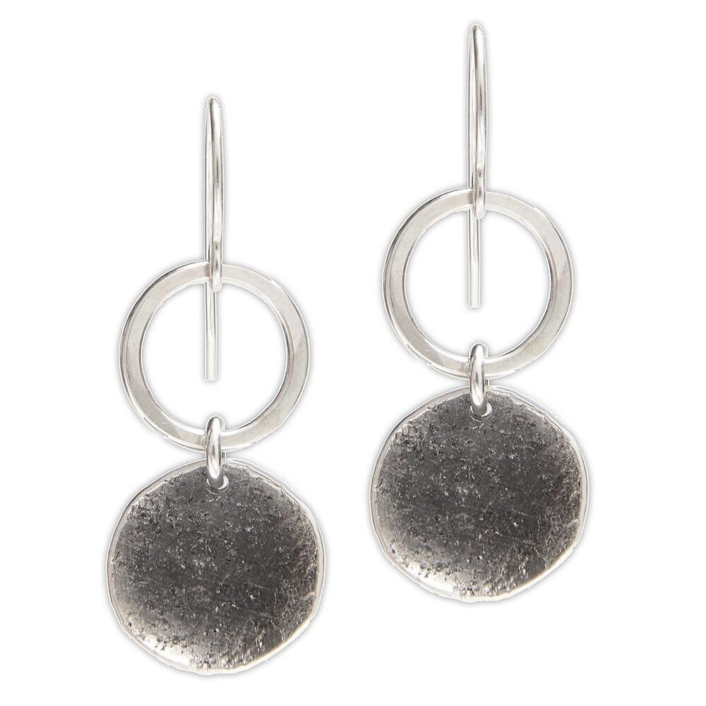 Handmade Textured Hammered Sterling Oxidized Disc and Circle drop Earrings