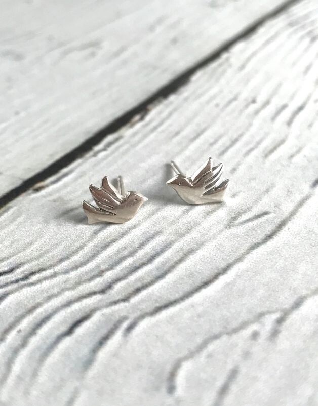 Flying Bird Stud Earrings, Sterling Silver