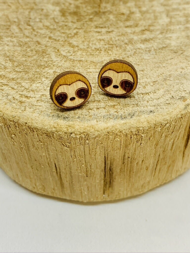 Handmade sloth Lasercut Wood Earrings on Sterling Silver Posts