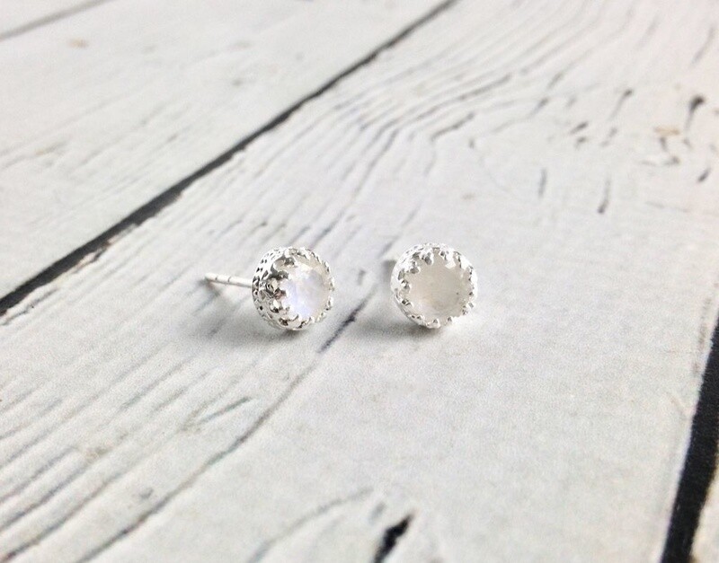 Sterling Silver Round Rainbow Moonstone Stud Earrings