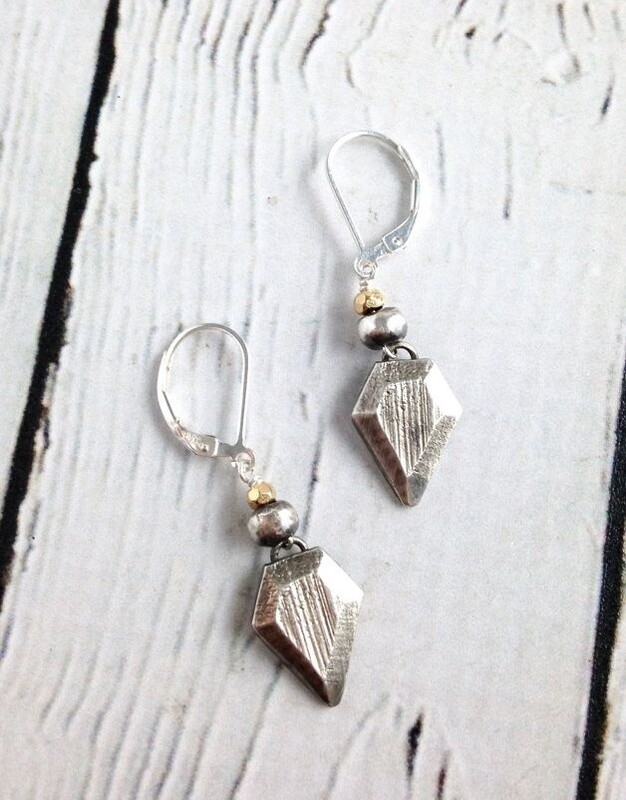 Handcarved Sterling Silver Geometry Earrings with Vermeil Accent