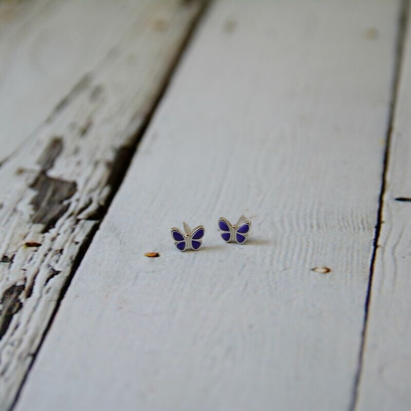 Sterling Silver with Purple Enamel Butterfly Stud Earrings