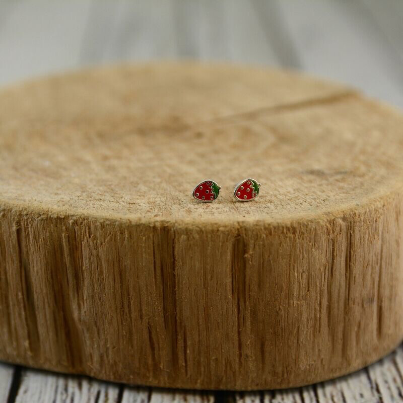 Sterling Silver and Red Enamel Strawberry Stud Earrings