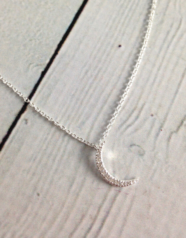 Silver Crescent Moon CZ Pave Necklace