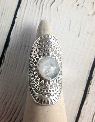 hilltribe Stamped Silver Ring with Round Faceted Moonstone, Size 8