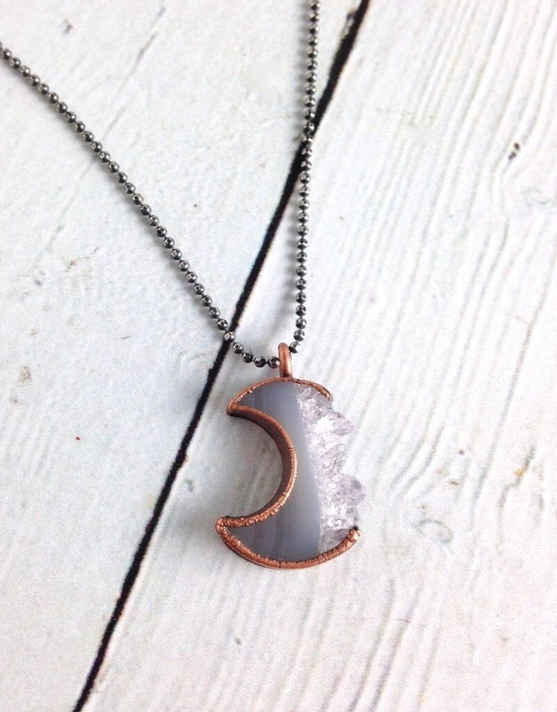 Small Moon-shaped Druzy Slice set in Copper Bezel on 18” Oxidized Faceted Bead Chain Sterling Chain Necklace