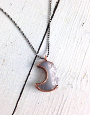 Small Moon-shaped Raw Amethyst Slice set in Copper Bezel on 18” Oxidized Faceted Bead Chain Sterling Chain Necklace