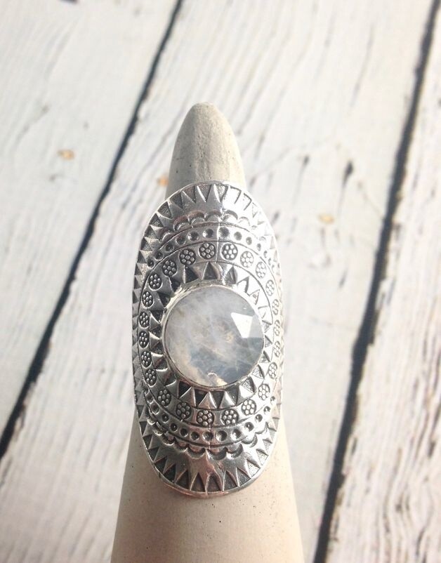 hilltribe Stamped Silver Ring with Round Faceted Moonstone, Size 7