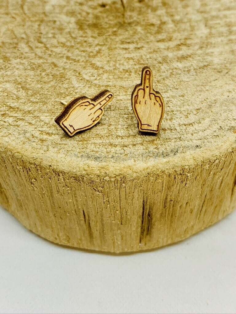 Handmade middle finger  Lasercut Wood Earrings on Sterling Silver Posts