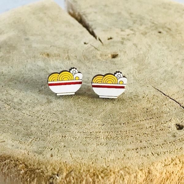 Handmade Ramen Lasercut Wood Earrings on Sterling Silver Posts