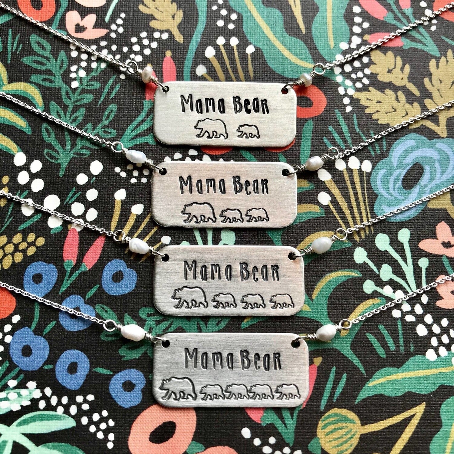 Handstamped Mama Bear With Cubs and Fresh Water Pearl Necklace