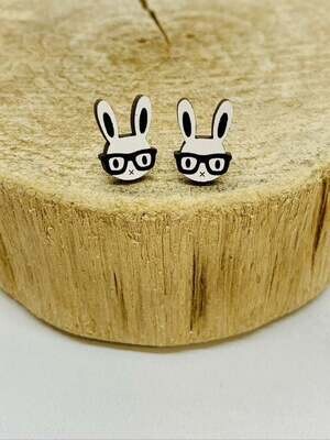 Handmade Nerd Bunny Lasercut Wood Earrings on Sterling Silver Posts